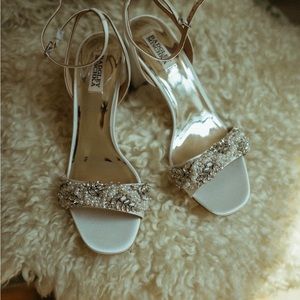 Badgley Mischka White Beaded Block Heels